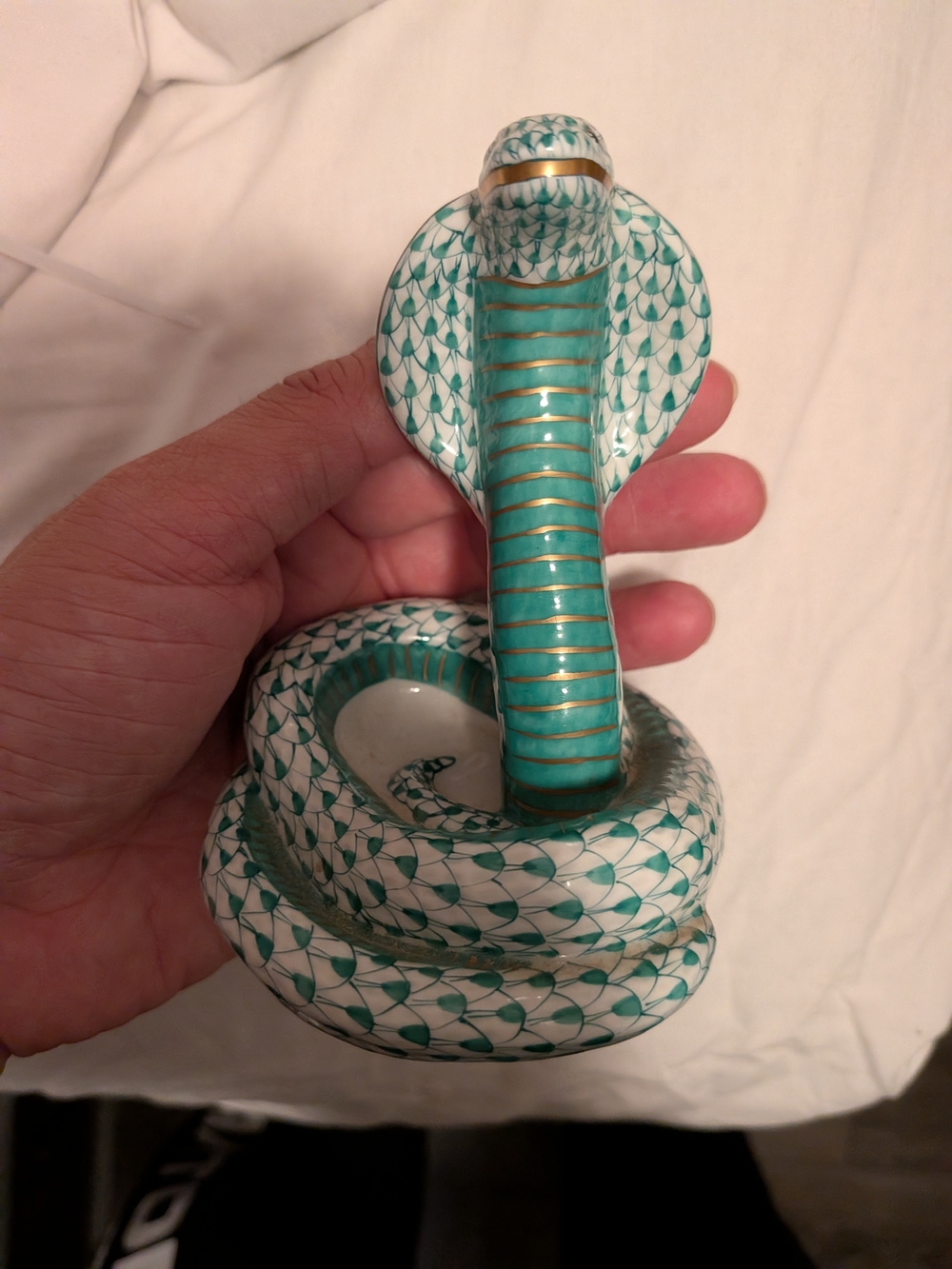 Herend Teal and White Ceramic Cobra Figurine with Gold Trim Rare